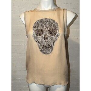 Luxe Grunge Gothic Y2K Edgy Haute Hippie 100% Silk Top Lace Skull Graphic S